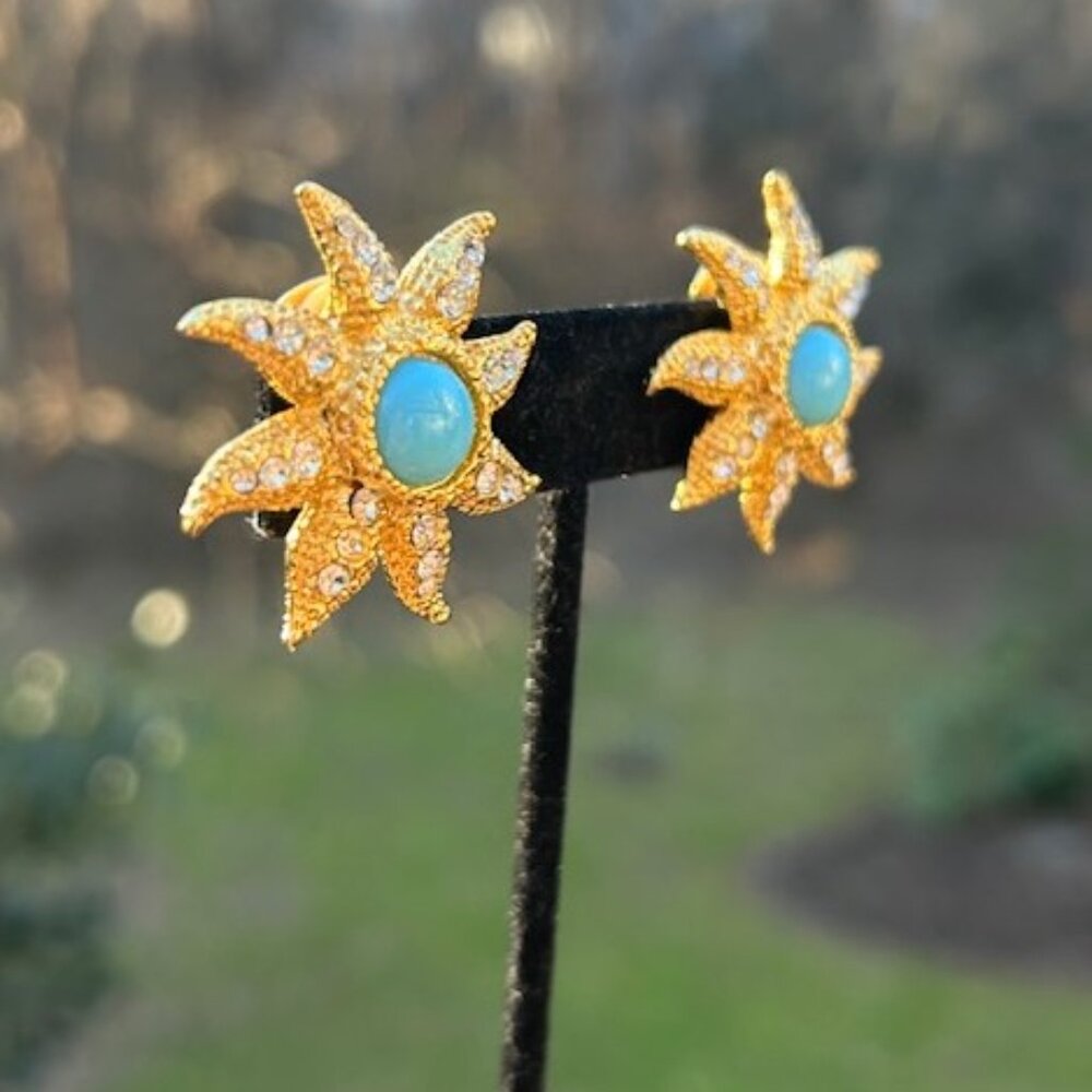R.J. GRAZIANO Gold Rhinestone Sunburst Blue Stone EARRINGS - Picture 2 of 9